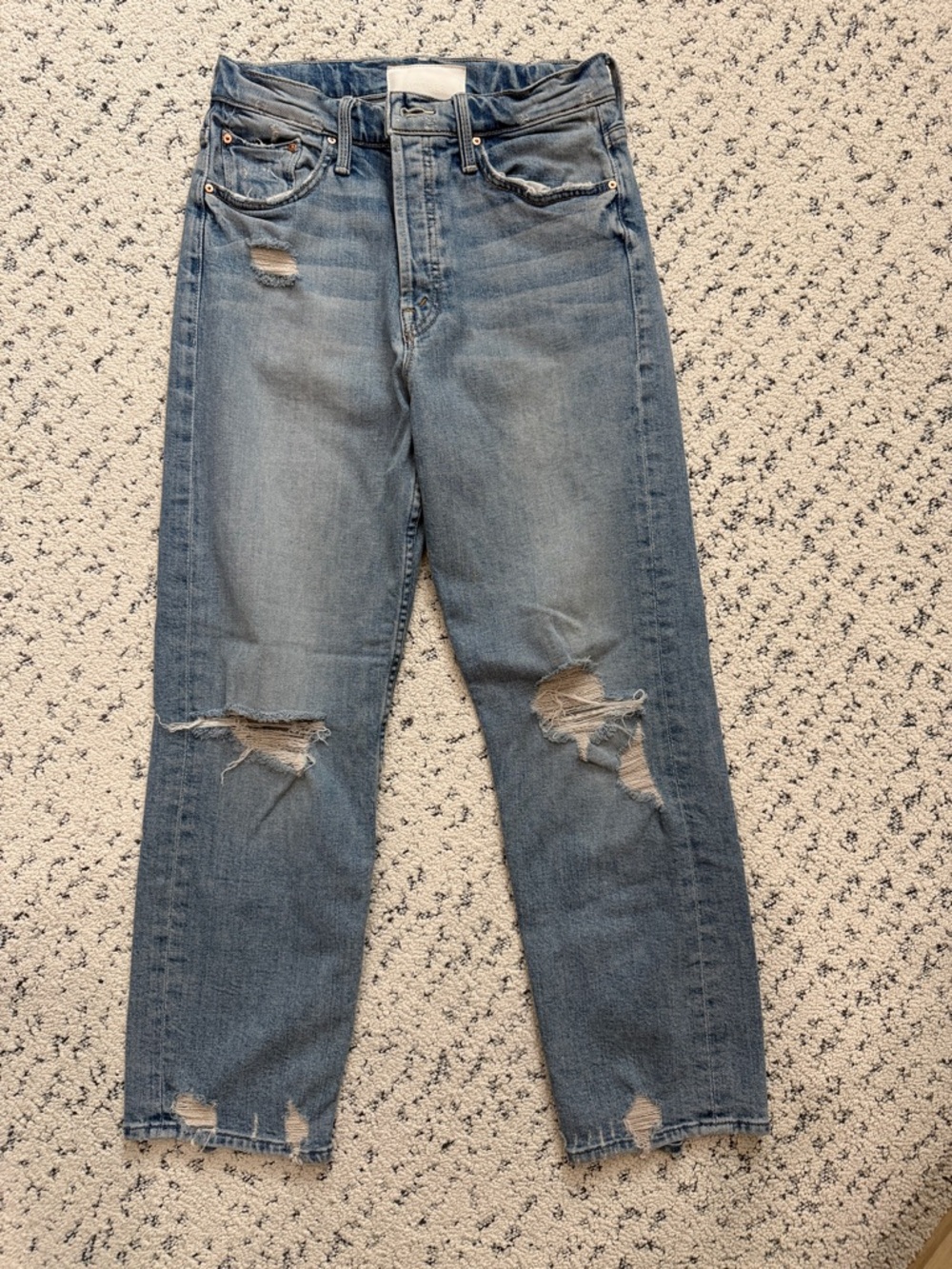 MOTHER Boyfriend Jeans in Light Blue Distressed Denim